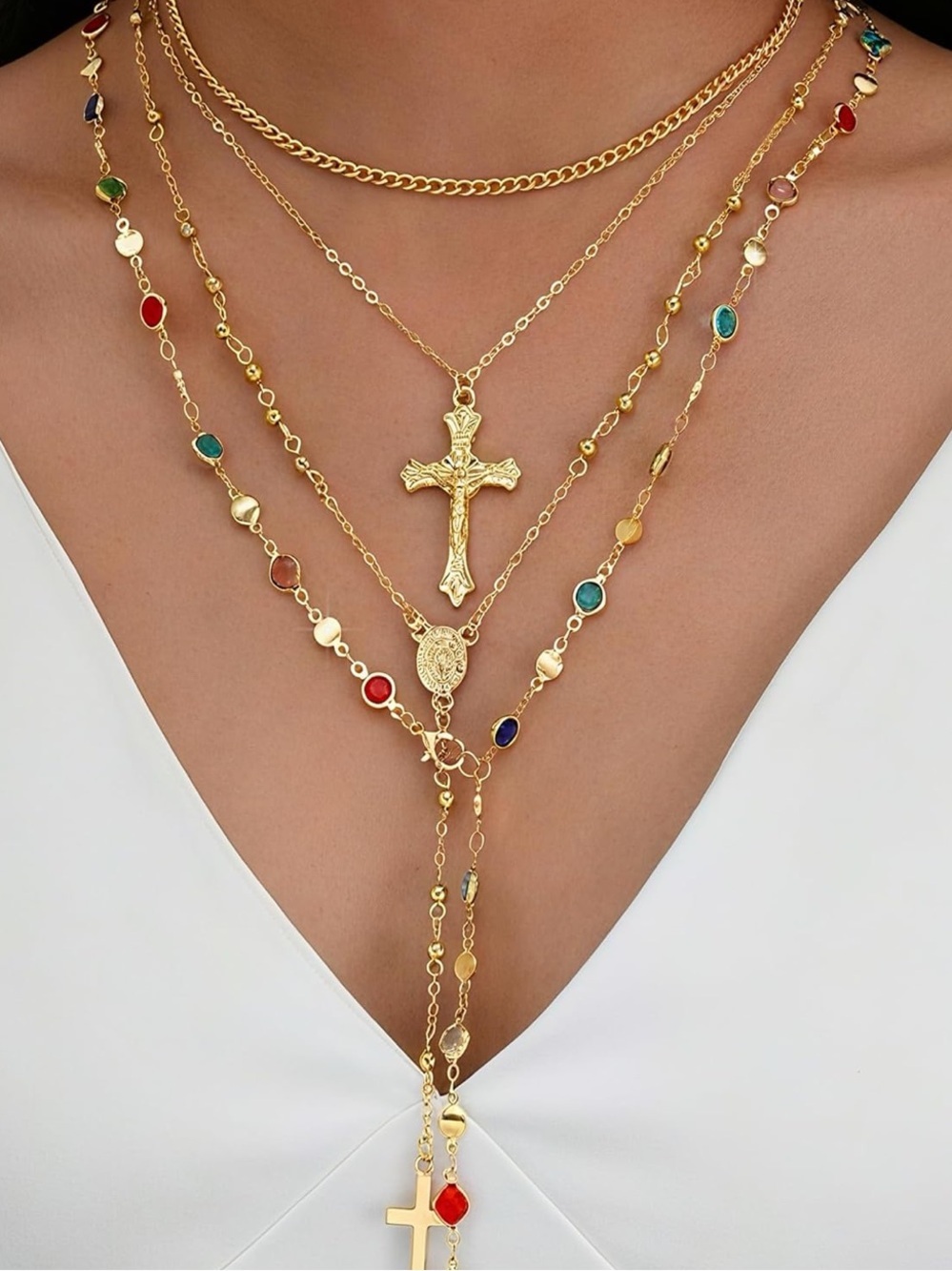 Anthropologie Gold Layered Rosary Necklace with Multicolored Stones